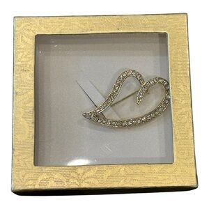 NEW Vintage Sears Gold Tone Heart With Rhinestones Brooch Pin